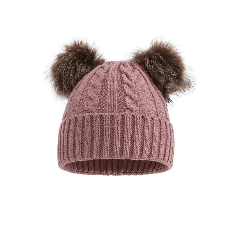 Gebreide Wintermuts met Dubbele Pompons voor Dames Warm Outdoor Accessoire Rekbaar Effen Kleur Casual | Sansoti