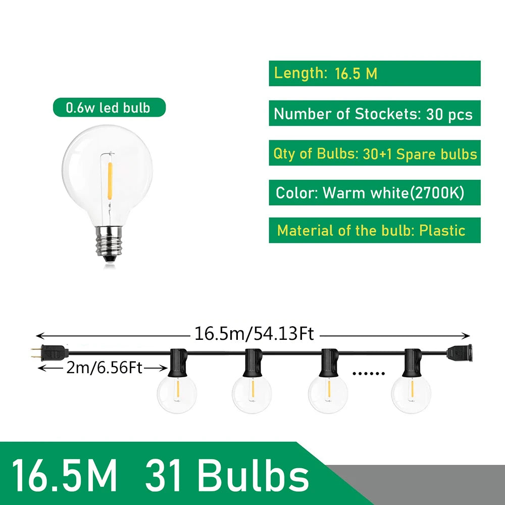 LED Festoen Lichtsnoer Bol G40 Warm Wit Tuin Feest Bruiloft Decoratie Outdoor Sfeerlicht Verlichting 9-26M | Sansoti