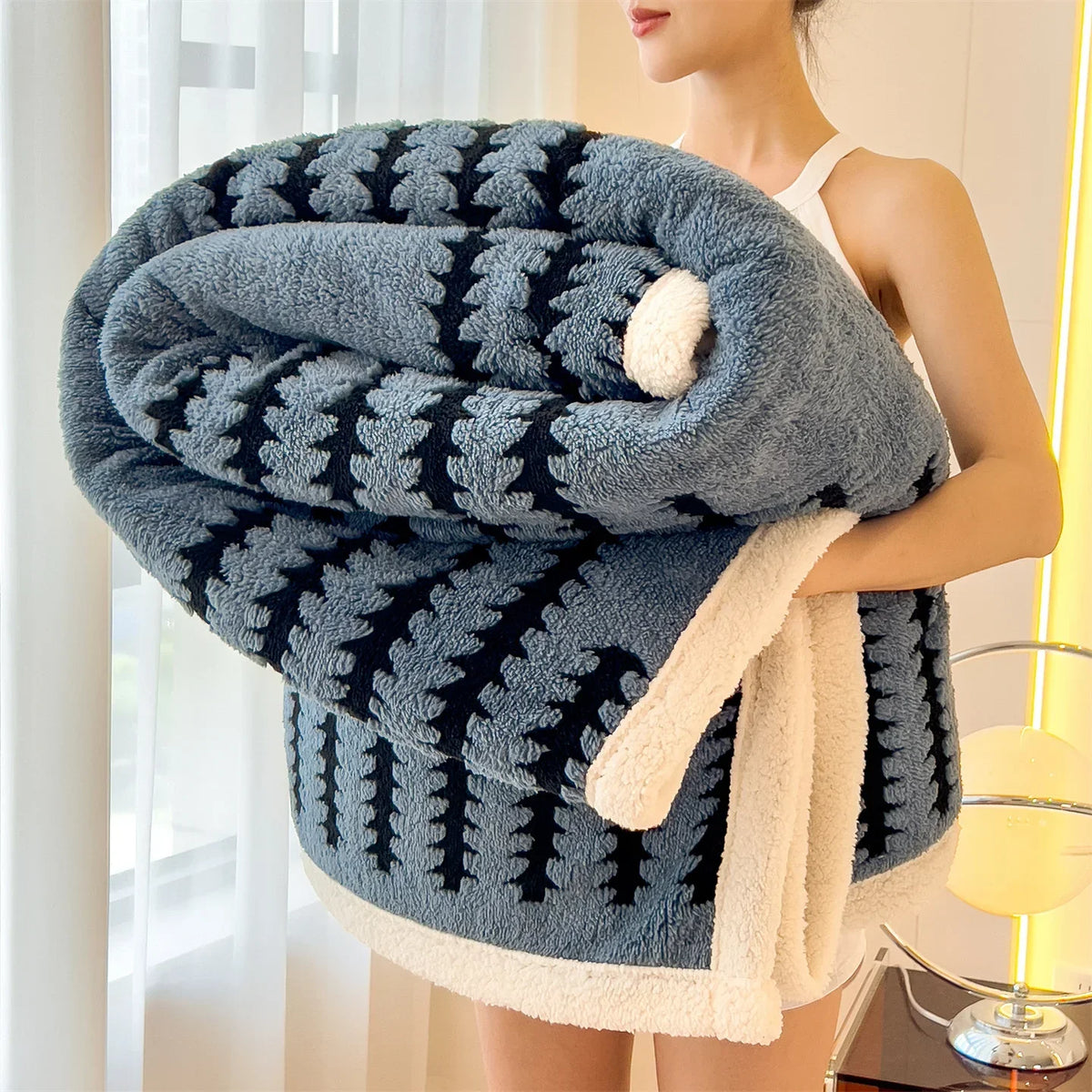 Dubbelzijdige Winterdeken Fleece Imitatiebont Geometrisch Patroon Warmtedeken Bed Bank Plaid Woonkamer | Sansoti