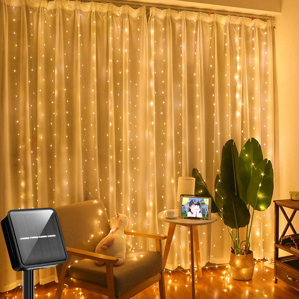 Guirlande lumineuse solaire en rideau, 300 LED, résistante à l’eau, blanc chaud ou multicolore, décoration de jardin et éclairage de fête | Sansoti
