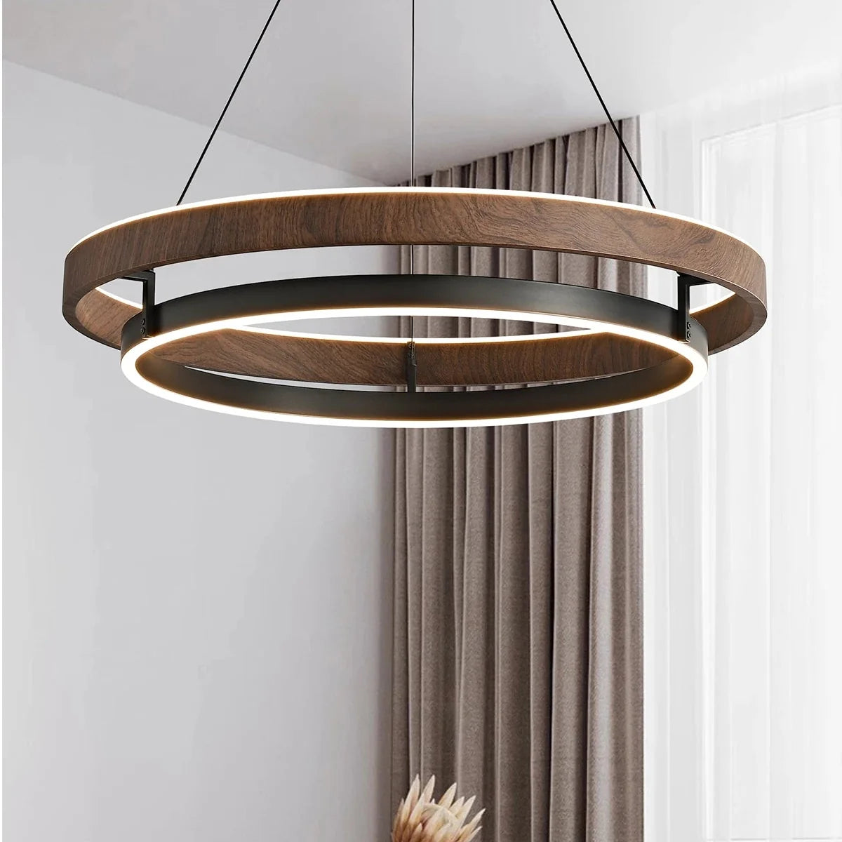 Ronde Kroonluchter Metaal Houtlook Scandinavisch Modern Hanglamp Dimbaar Woonkamer Eetkamer Slaapkamer | Sansoti