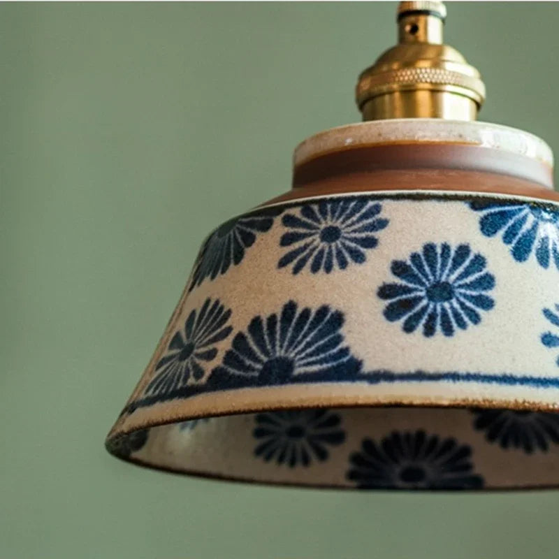 Handbemalte Keramik-Hängelampe Skandinavisches Design mit Kupferfassung Blumenmuster für Esstisch, Küche und Schlafzimmer | Restfield