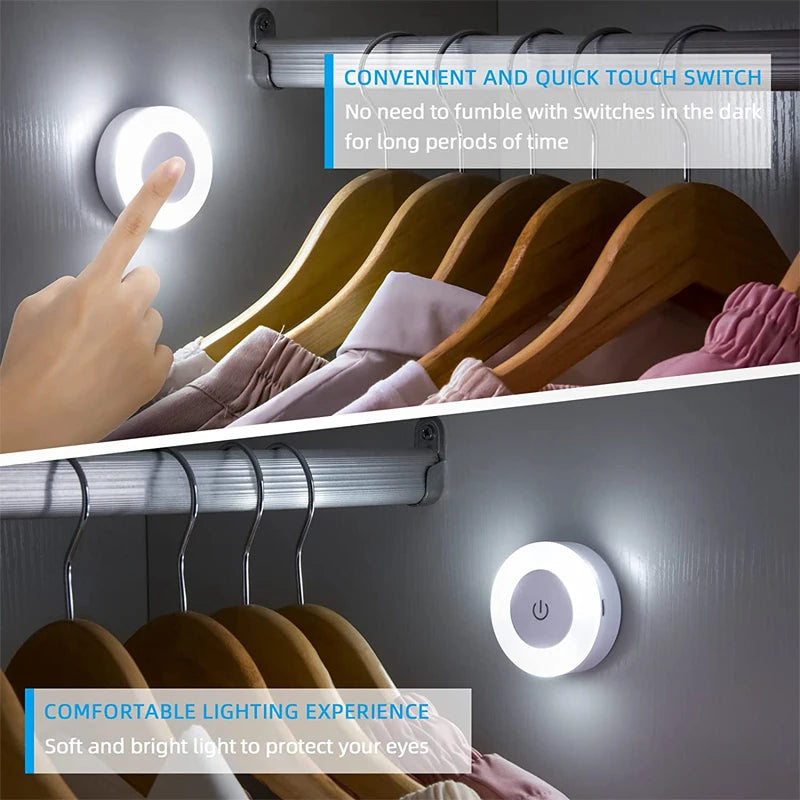 Ładowana lampka nocna LED z dotykowym sterowaniem, magnetyczna, okrągła, 6 cm, ciepłe białe światło, USB, kinkiet do sypialni | Sansoti