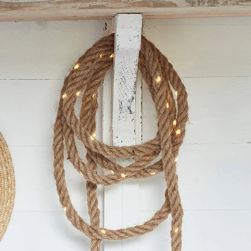 Natural Decorative Hemp Rope with Integrated LED Light String Warm White 4.5 m Rustic Ambient Light Garland for Indoor and Outdoor | Sansoti