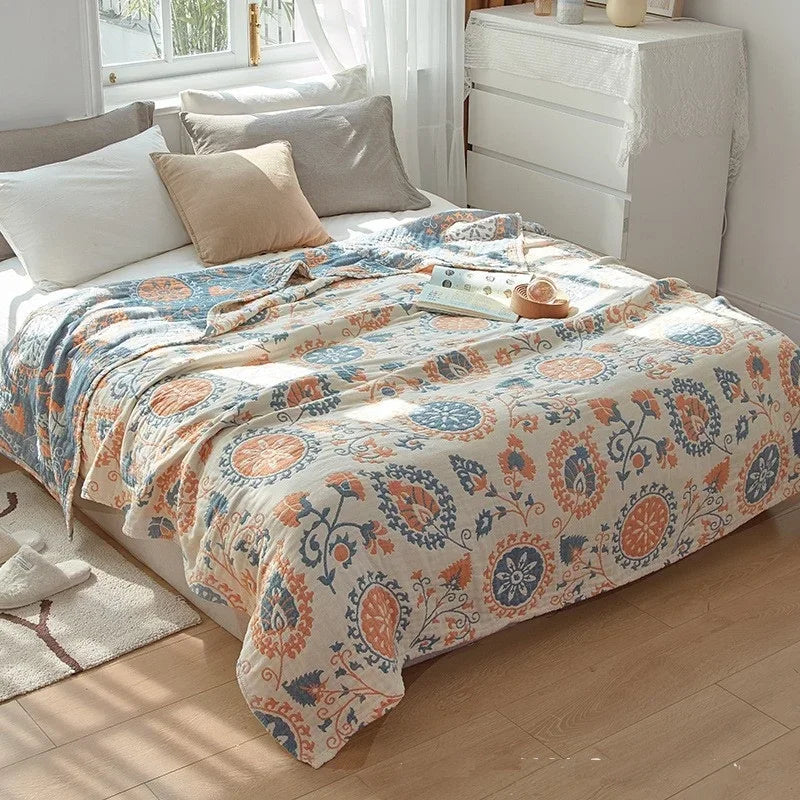 Plaid en mousseline de coton respirant, couverture jacquard pour lit et canapé 150x200 200x230 à motif floral, salon | Sansoti