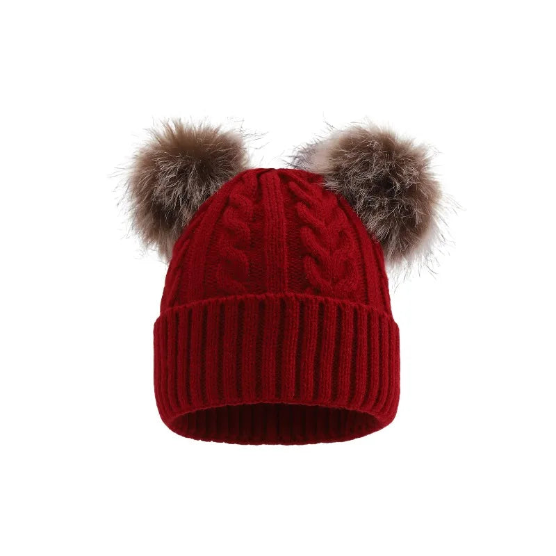 Gebreide Wintermuts met Dubbele Pompons voor Dames Warm Outdoor Accessoire Rekbaar Effen Kleur Casual | Sansoti