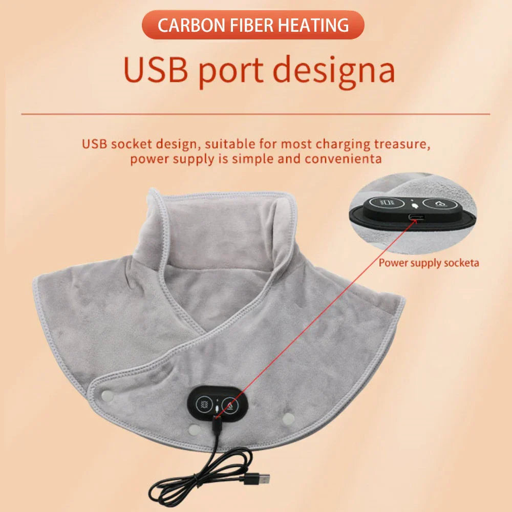 Verwarmde Nek- en Schoudermassager met Vibratie USB Warmtekussen Draagbaar Ergonomisch Plüche 3 Temperatuurstanden Timer Grijs voor Thuis Kantoor | Sansoti