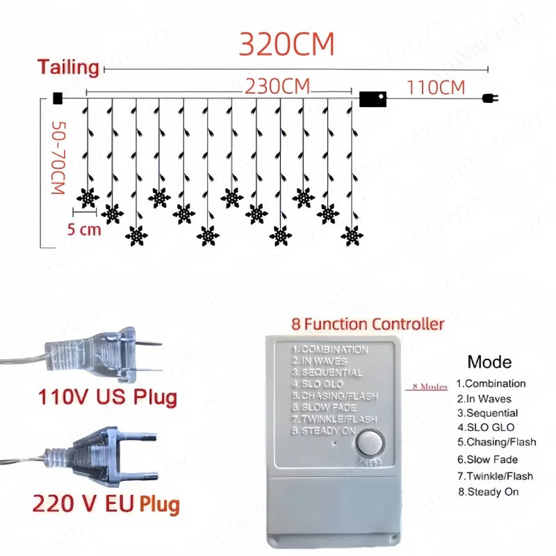 LED-Schneeflocken-Lichterkette 320 cm Dekorativer Vorhang Festbeleuchtung für den Außenbereich IP44 Wasserdichtes Stimmungslicht | Sansoti