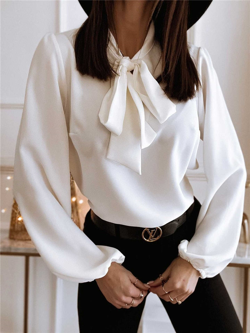 Dames Blouse met Elegante Strik Decoratie Chique Topje Lange Mouwen Zakelijke Vrouwenmode Kantoorkleding | Sansoti