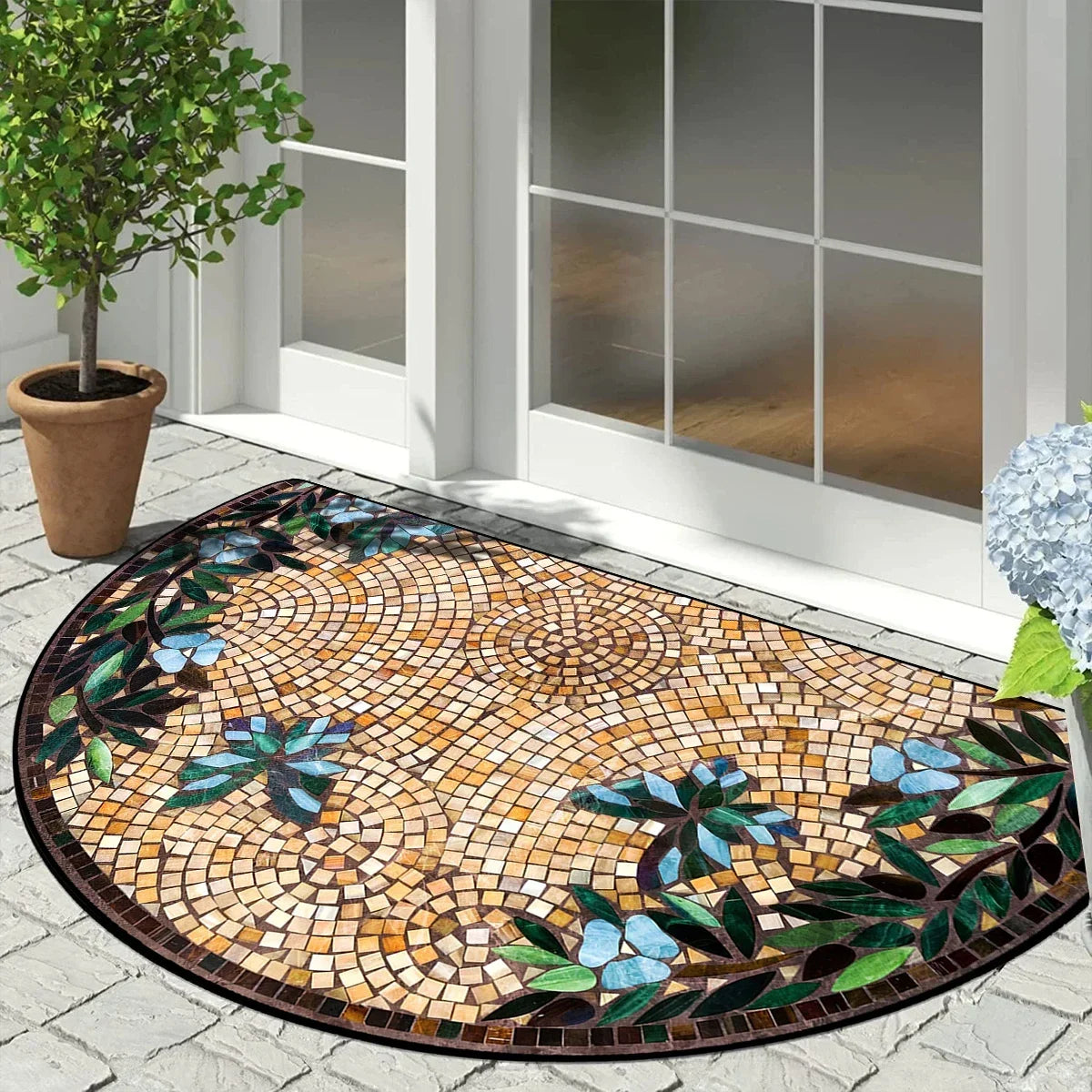 Paillasson semi-circulaire Motif mosaïque vintage Antidérapant extérieur Balcon Entrée Véranda Terrasse 60x90cm Résistant aux intempéries | Sansoti