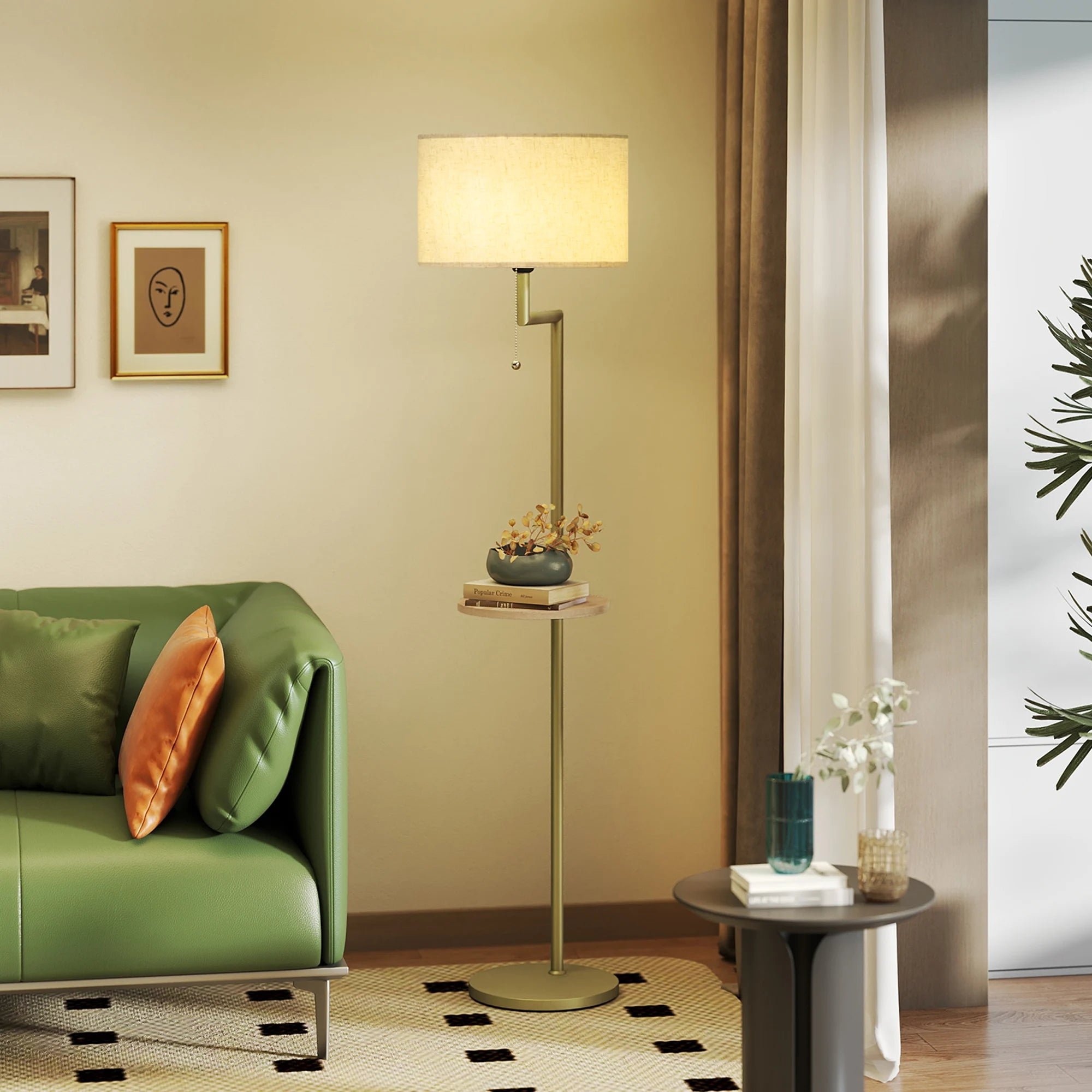 Booglamp Vloerlamp Met Plank En USB Poort Goud Metaal 170cm | Sansoti