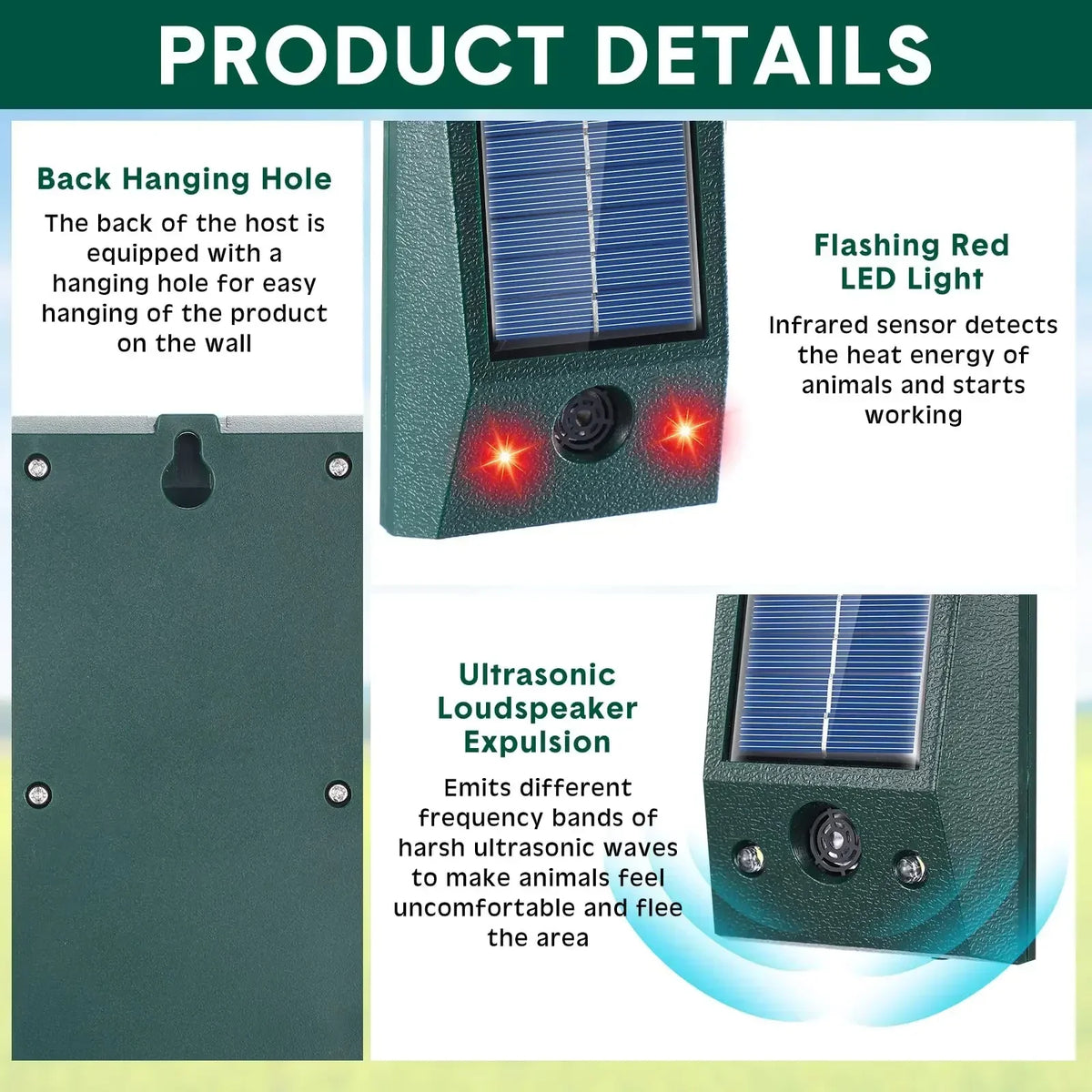 Solarpaneel Vogelverschrikker met Ultrasoon Geluid 180° Bewegingssensor IP58 Waterdicht voor Tuin en Moestuin | Sansoti