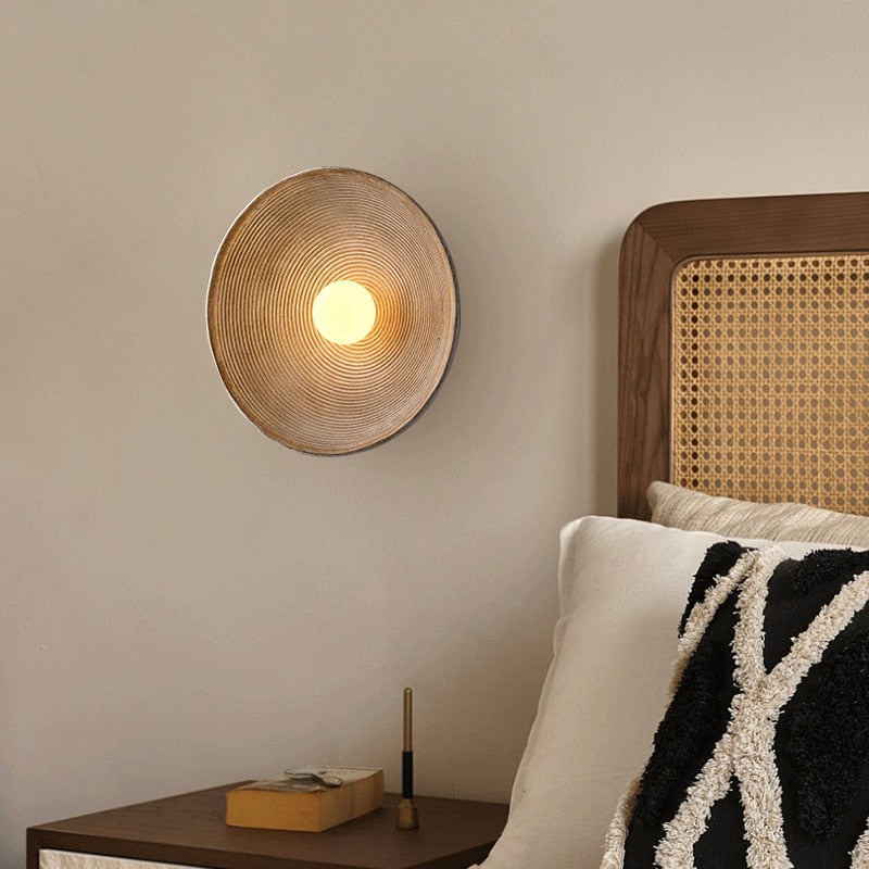 Japandi Wandlamp Hout Glas Rond Retro Vintage 27cm Woonkamer Slaapkamer Hal | Sansoti