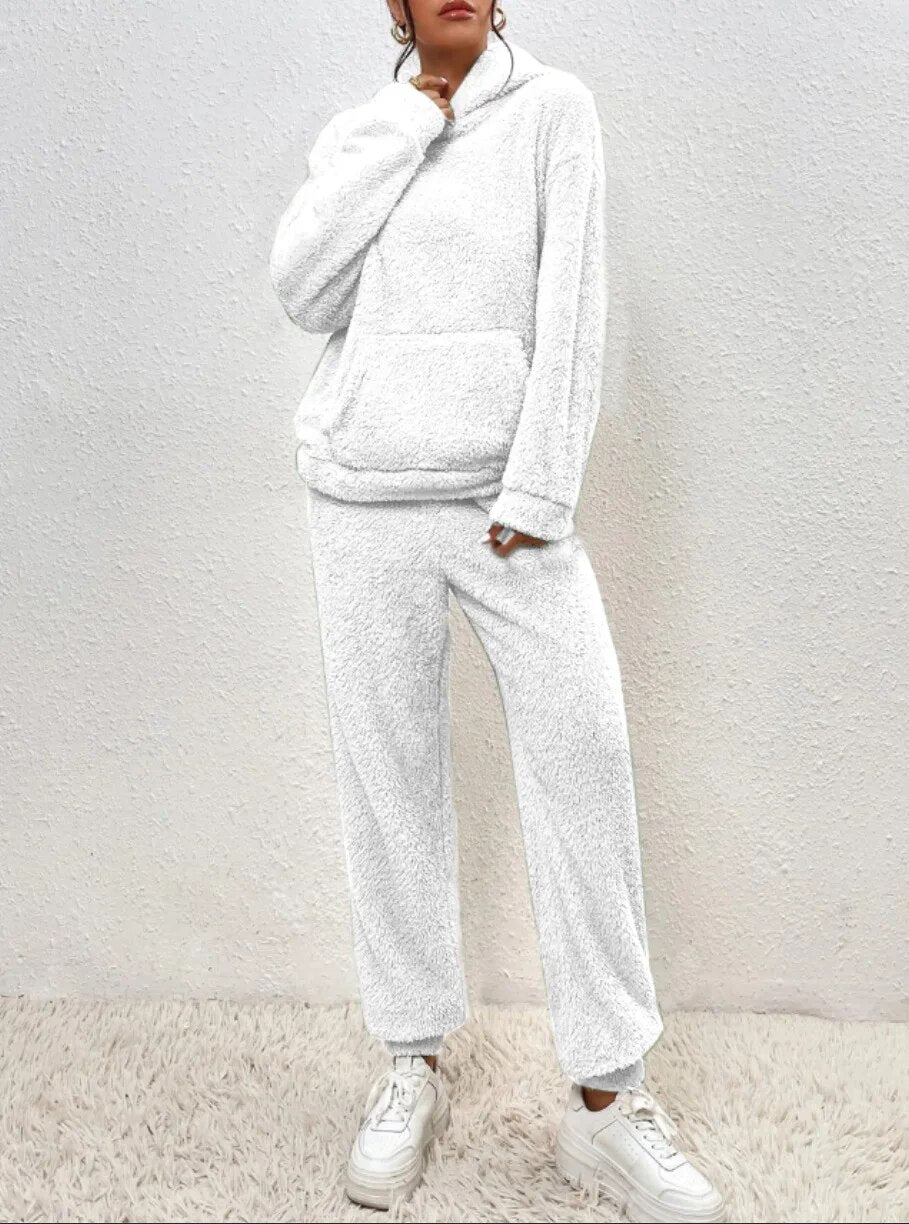 Teddy-Loungewear-Set mit Kapuze für Damen, Grau, Beige, Grün, Winteranzug aus Fleece, zweiteiliger weicher Hausanzug mit Hose | Sansoti