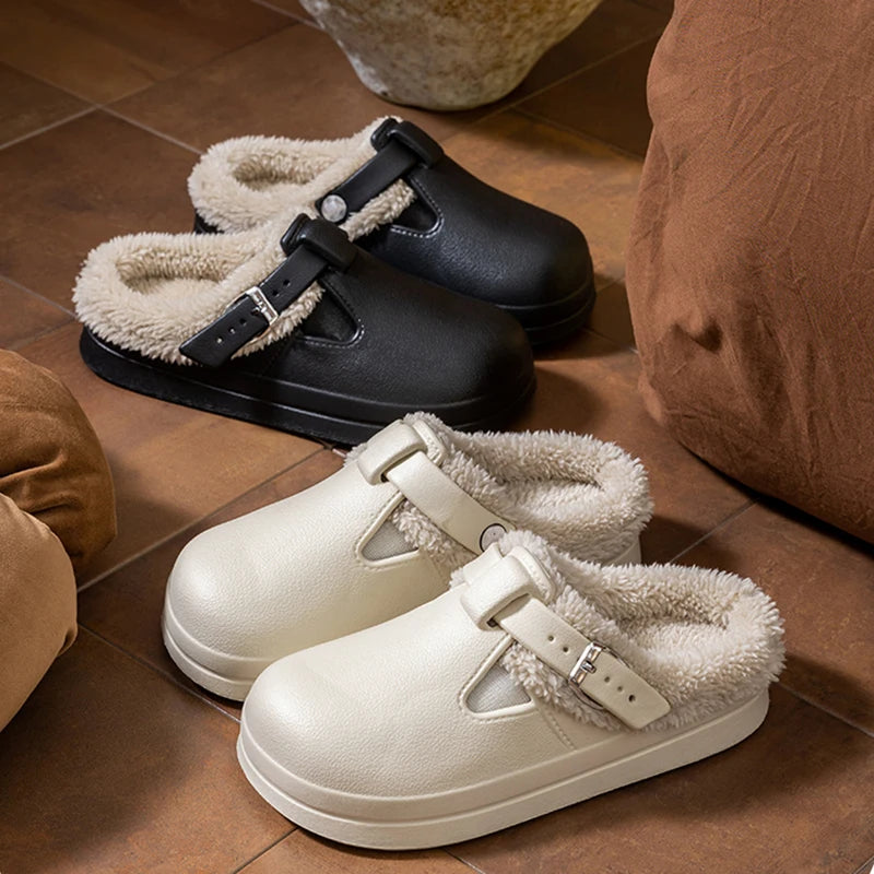 Warme Pantoffels met Pluche Voering Dames Winterslippers Indoor EVA Antislip Zool Metalen Gesp Comfort | Sansoti