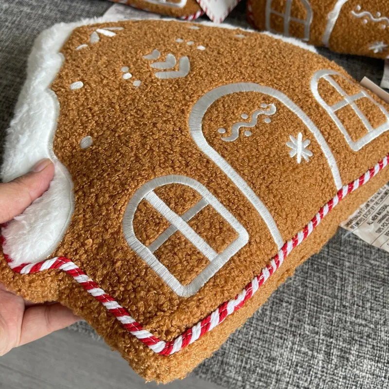 Peperkoekhuisje Sierkussen 32cm Fleece Kerst Decoratiekussen Geborduurd Huisvormig Woonkamer Sofa Feestelijk | Sansoti