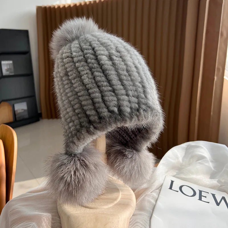 Knitted Fur Hat with Pom-Pom for Women, Warm Winter Hat with Ear Warmers, Spiral Pattern, Luxury Winter Accessory | Sansoti