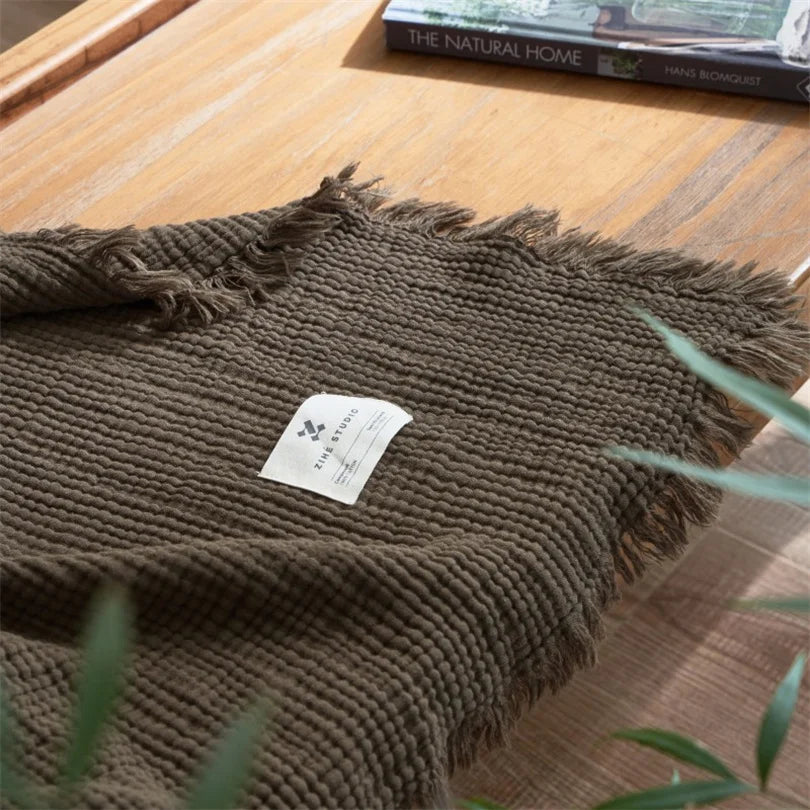 Cotton Throw 6 Layers Soft Breathable Fringed Knitted Blanket Bed Sofa Lightweight Summer Throw Mussel Beige Knitted Bedspread | Sansoti