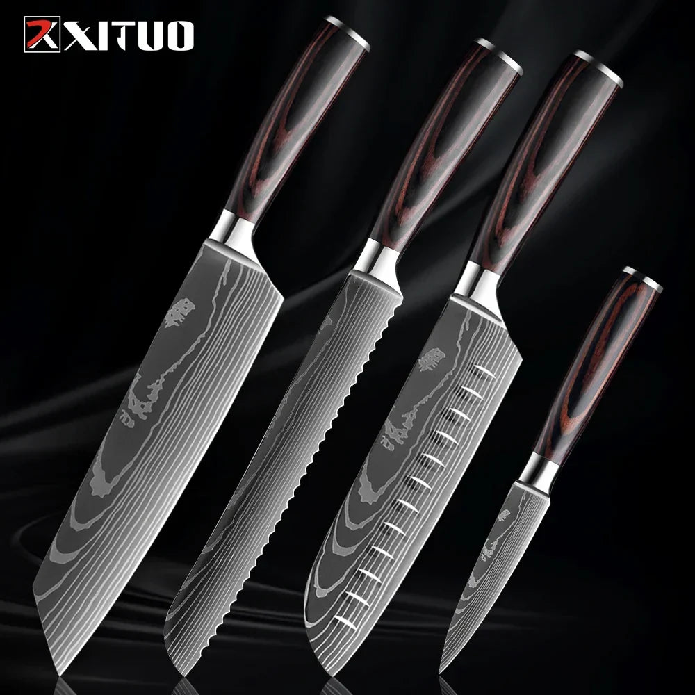 Professionelles Messerset aus Edelstahl, Kochmesser, Santokumesser, Gemüsemesser mit Holzgriff, Küchenutensilien, 1-9-teiliges Küchenmesserset | Sansoti
