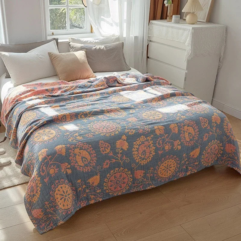 Plaid en mousseline de coton respirant, couverture jacquard pour lit et canapé 150x200 200x230 à motif floral, salon | Sansoti