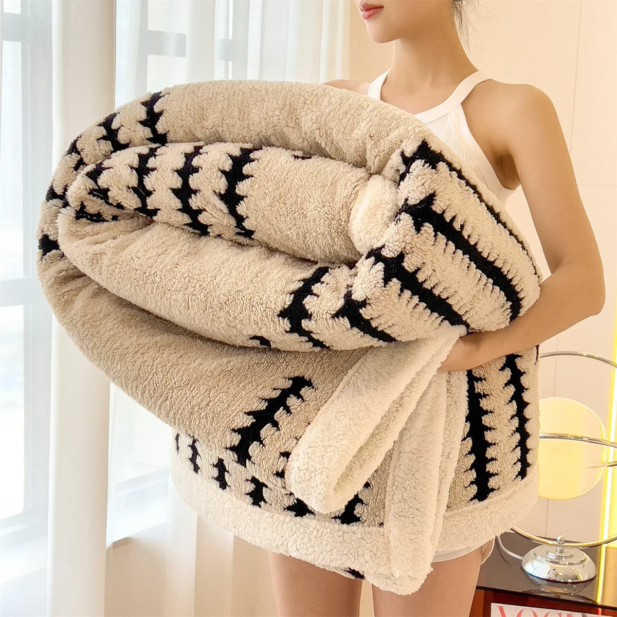 Dubbelzijdige Winterdeken Fleece Imitatiebont Geometrisch Patroon Warmtedeken Bed Bank Plaid Woonkamer | Sansoti
