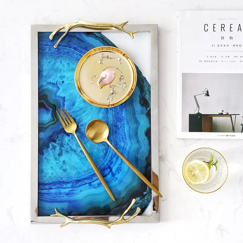 Decoratief Dienblad met Blauwe Agaatpatroon – Elegant Serveerblad met Glazen Inleg en Edelstalen Rand – Uniek Natuursteen Design voor Tafel en Interieur | Sansoti