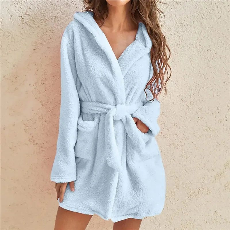 Sauna badjas - Effen douche-kimono-gewaden met capuchon voor dames, lange mouwen, handdoekbadjas met taillegordel, vrouwelijke katoenen nachtkleding voor thuiskleding