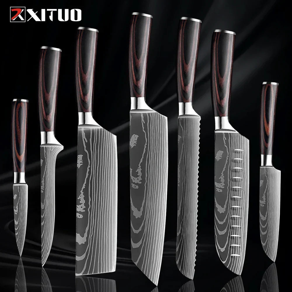 Professionelles Messerset aus Edelstahl, Kochmesser, Santokumesser, Gemüsemesser mit Holzgriff, Küchenutensilien, 1-9-teiliges Küchenmesserset | Sansoti
