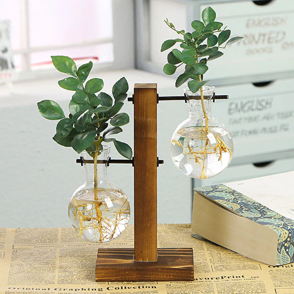 Glazen Vaas op Houten Standaard Decoratief Retro Hydroponics Plantenpot Transparant Glas Sfeeraccent voor Bloemen en Stekjes | Sansoti