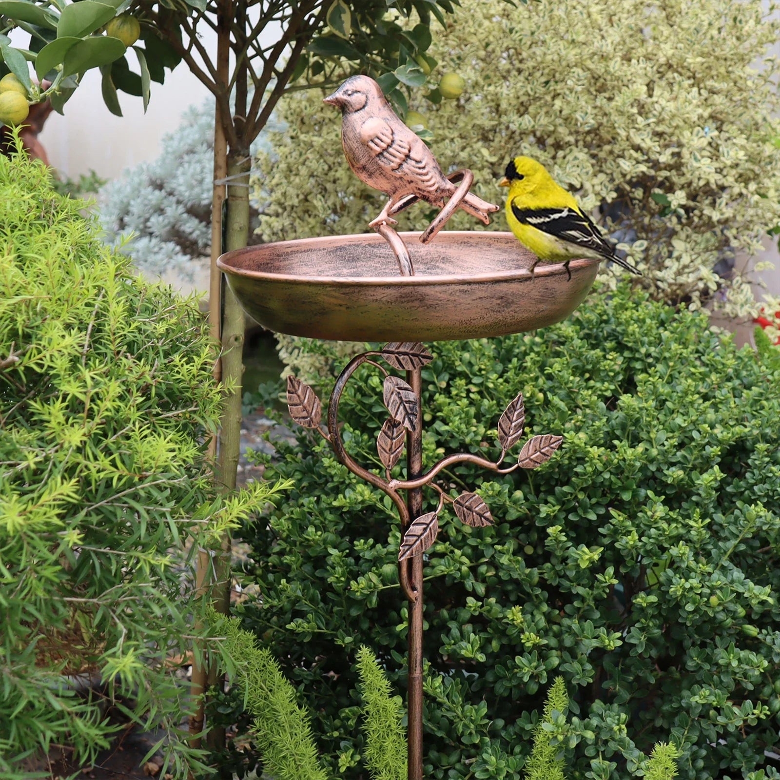 Vogelbad Metaal Koper Look 76cm 87cm Ø24cm Tuin Terras Decoratief Vogeldrinktrog Sieraad Grondpen Vintage Wildvogel Baden Drinken | Sansoti