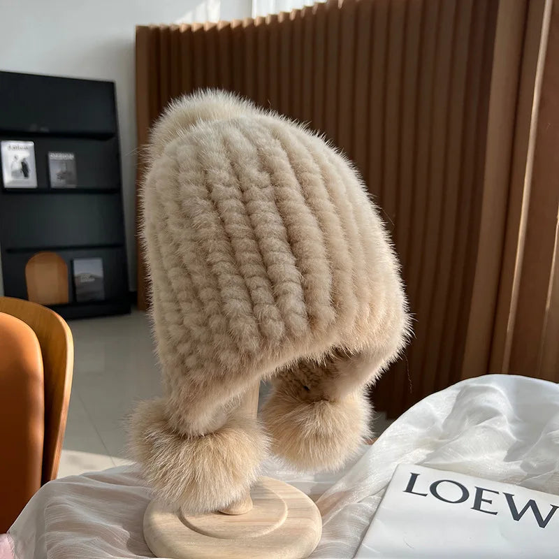 Knitted Fur Hat with Pom-Pom for Women, Warm Winter Hat with Ear Warmers, Spiral Pattern, Luxury Winter Accessory | Sansoti