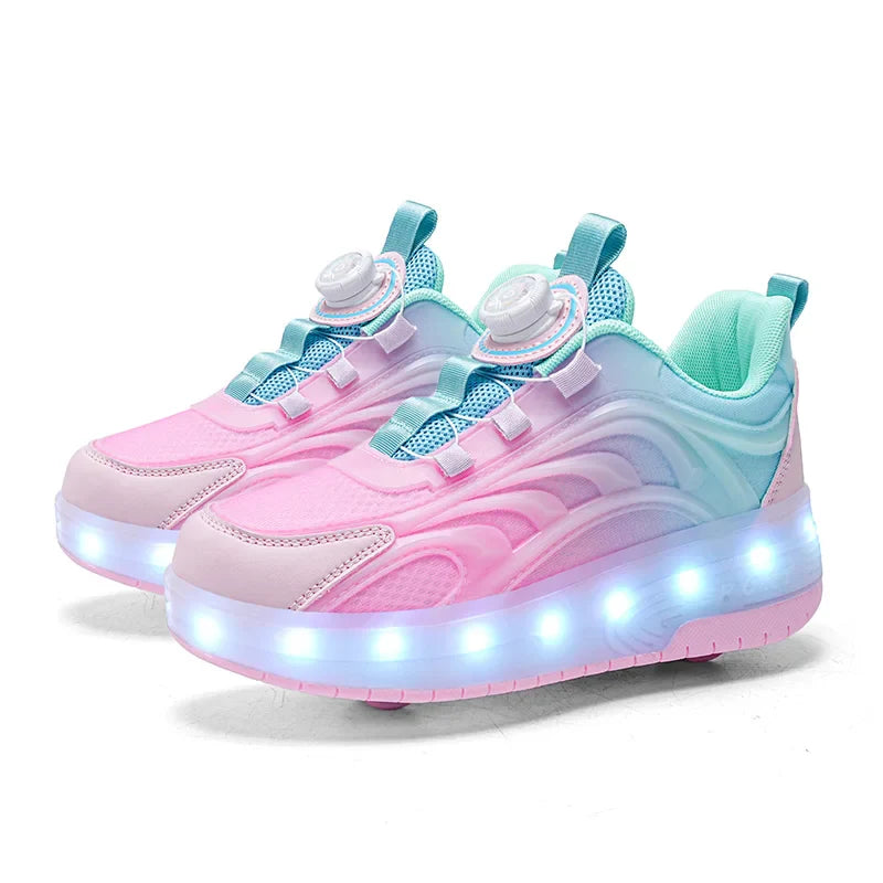 LED rolschaats schoenen USB oplaadbaar roze blauw kindersneakers met wielen lichtgevende skates voor buiten jongens meisjes | Sansoti