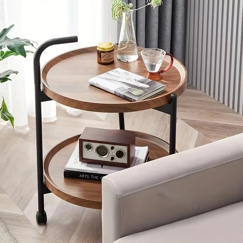 Rollbarer Beistelltisch aus Holz mit zwei Ebenen, rund, 40 cm, für Wohnzimmer und Schlafzimmer, mit Rollen, kompaktes Design, zum Servieren und Aufbewahren | Sansoti