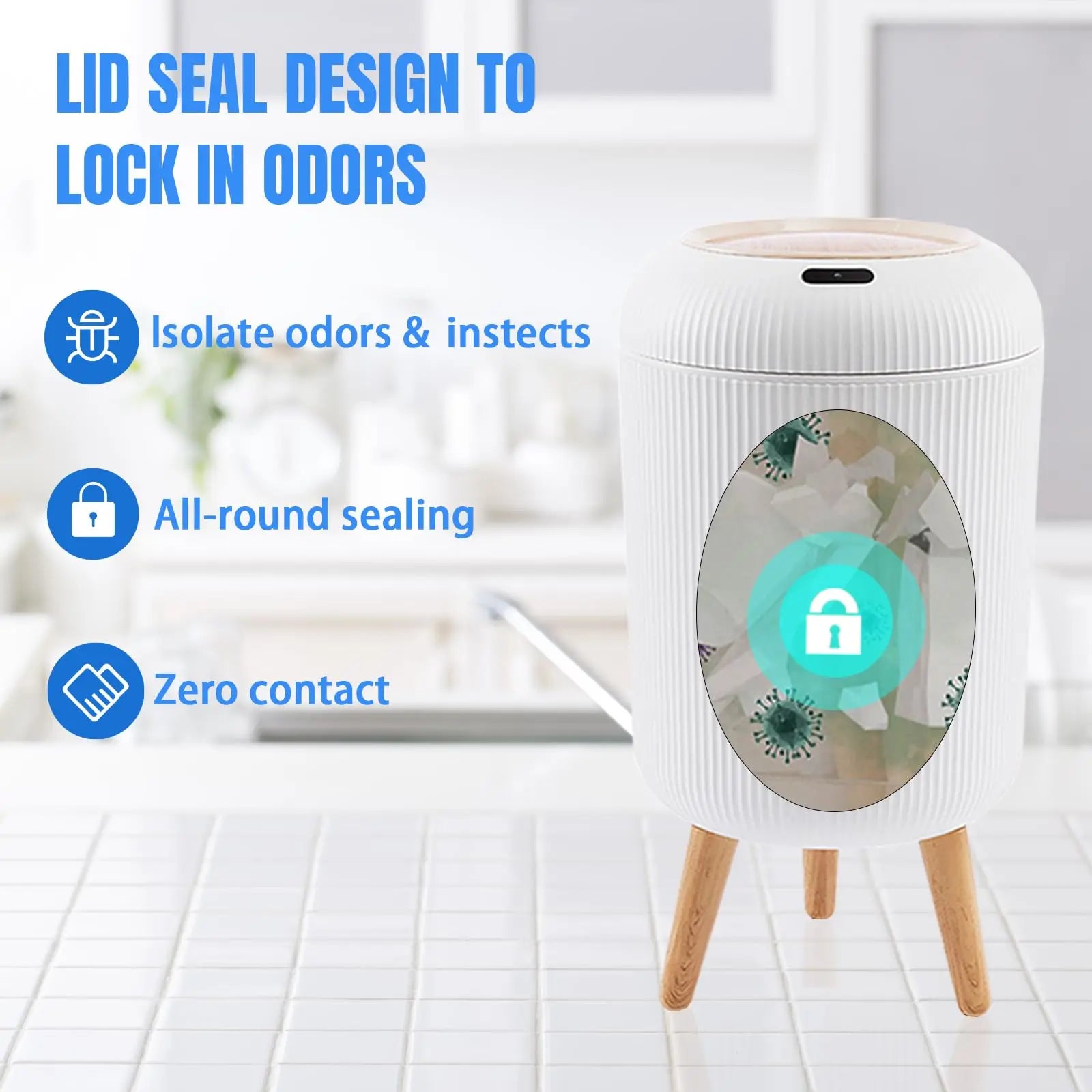 Prullenbak Sensor Automatisch 10L Wit Groen Zwart Houten Poten Woonkamer Badkamer 0,3s Infrarood Deksel Slimme Vuilnisbak Keuken | Sansoti