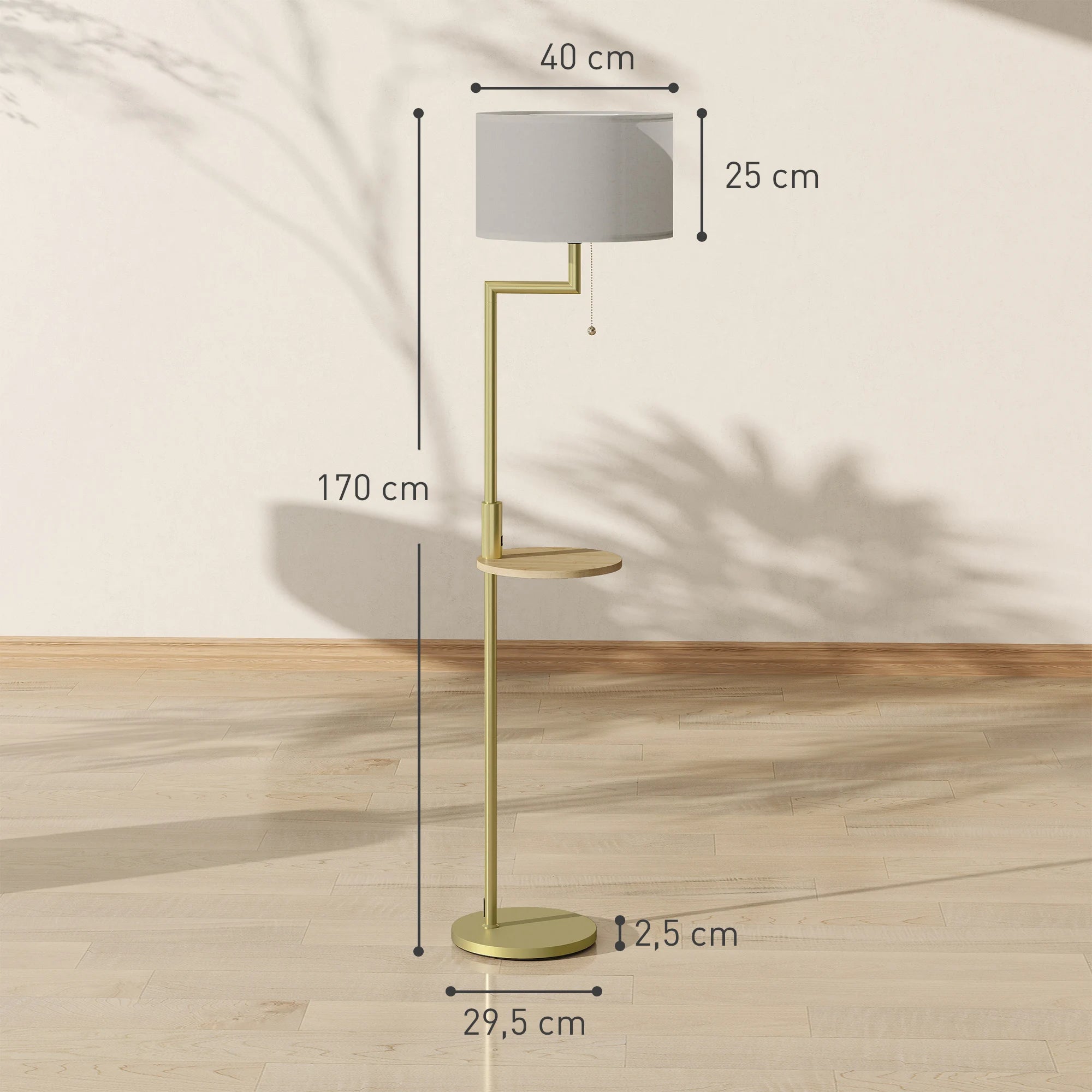 Booglamp Vloerlamp Met Plank En USB Poort Goud Metaal 170cm | Sansoti