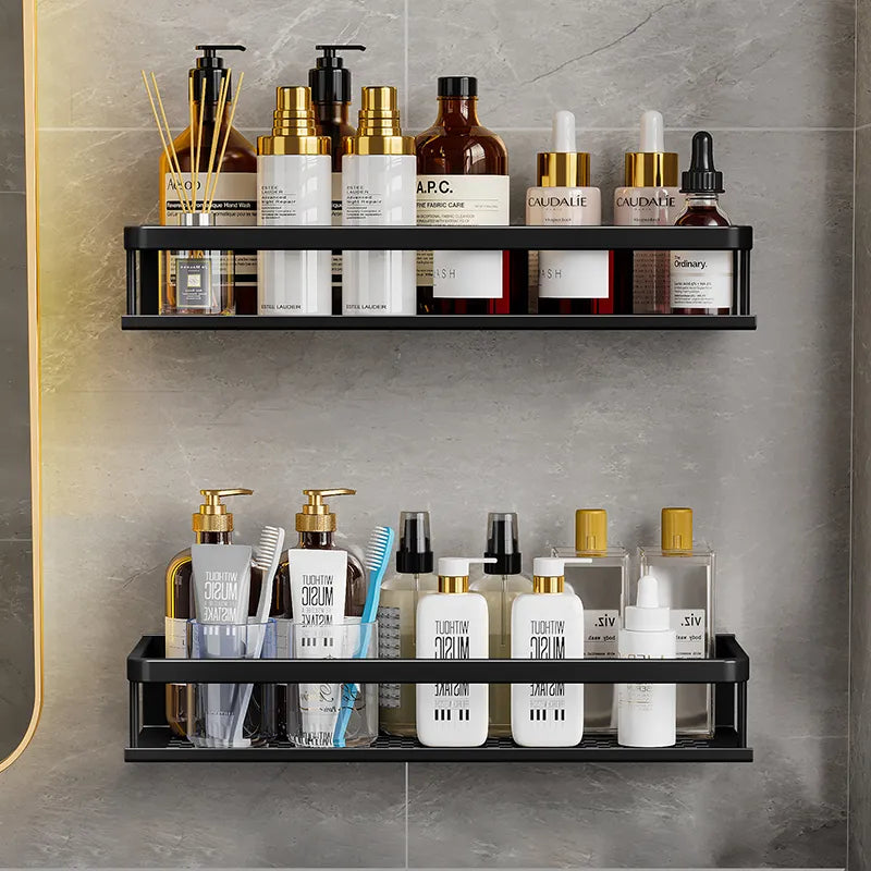 Wandplank Aluminium Douche Zwart Mat - Ventilerend Opbergrek Badkamer Doucheplank voor Shampoo Scheergerei | Sansoti