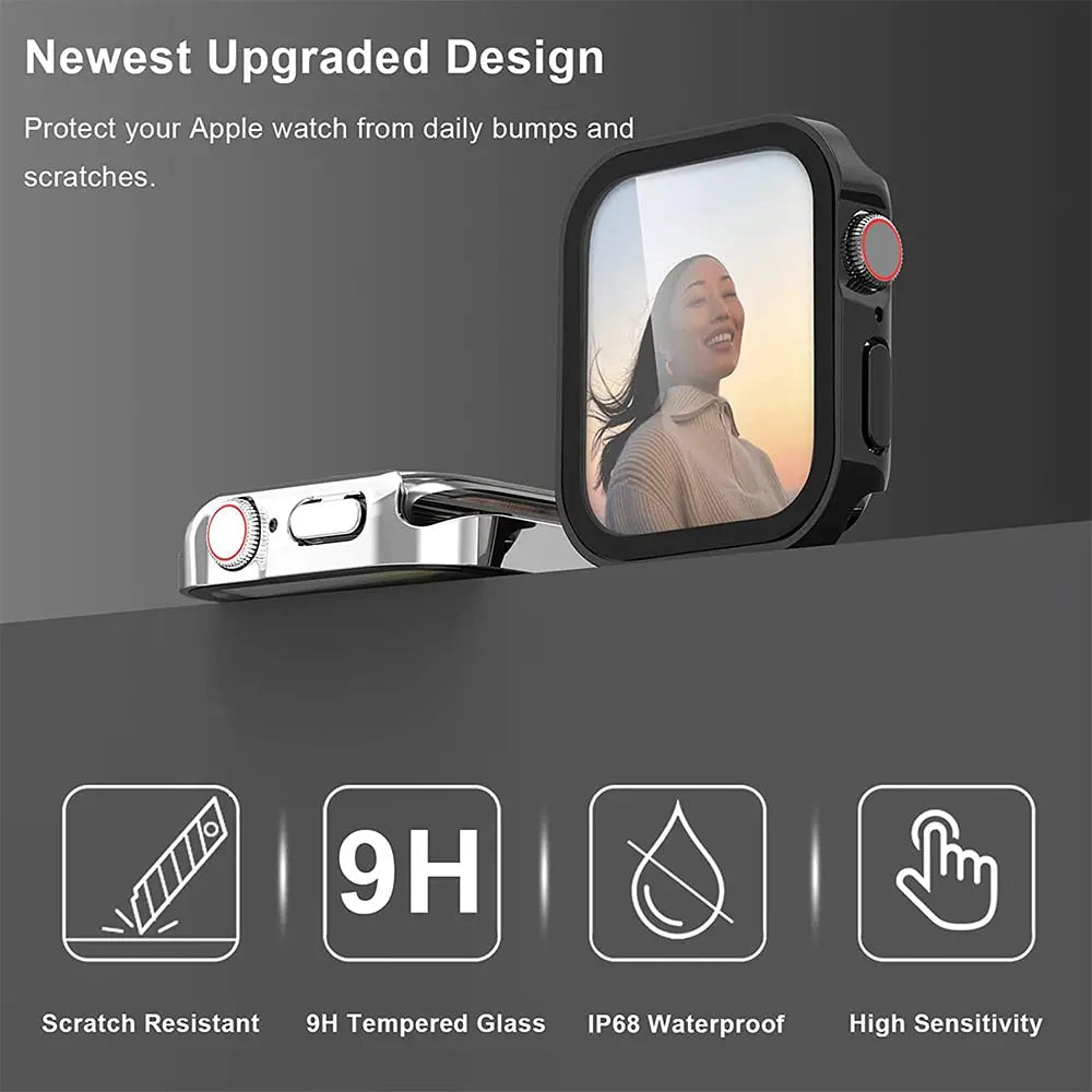 Protective Case with Tempered Glass for Smartwatch 40mm 41mm 44mm 45mm Black Silver Transparent Watch Case | Sansoti