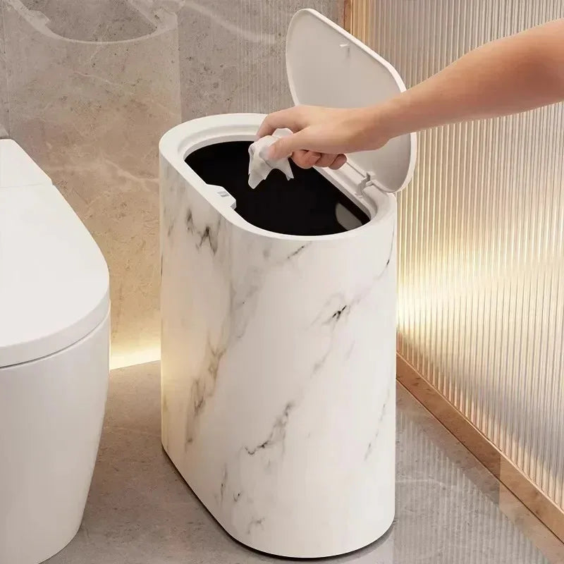 Afvalbak Marmerdesign Ellips Push Deksel Badkamer WC Kantoor Nordic Scandinavisch Compact Hygiënisch | Sansoti