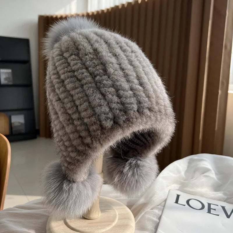 Knitted Fur Hat with Pom-Pom for Women, Warm Winter Hat with Ear Warmers, Spiral Pattern, Luxury Winter Accessory | Sansoti