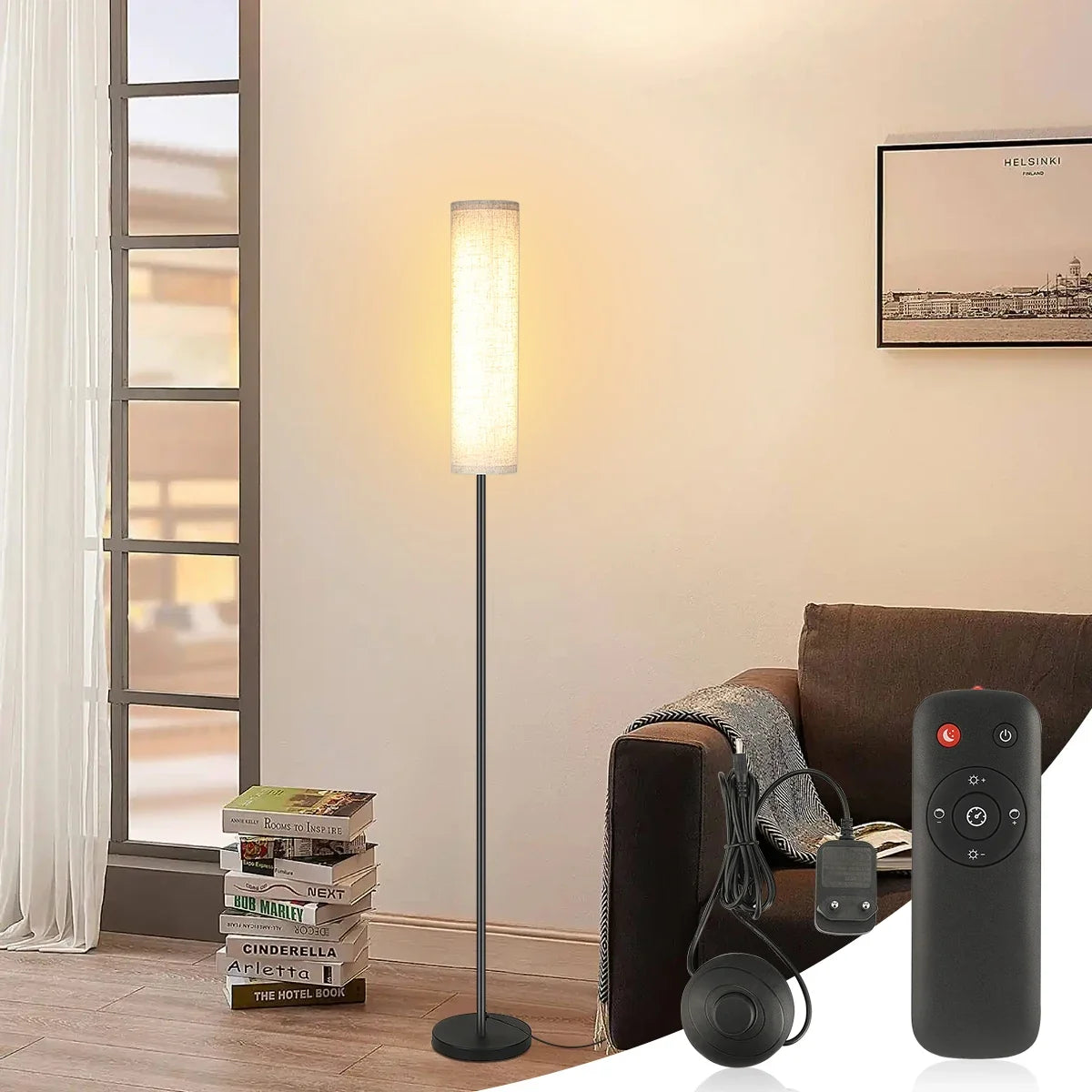 LED-Stehlampe 170 cm, dimmbar, mit Fernbedienung, skandinavisches Holz und Metall, warm- bis kaltweiß | Sansoti