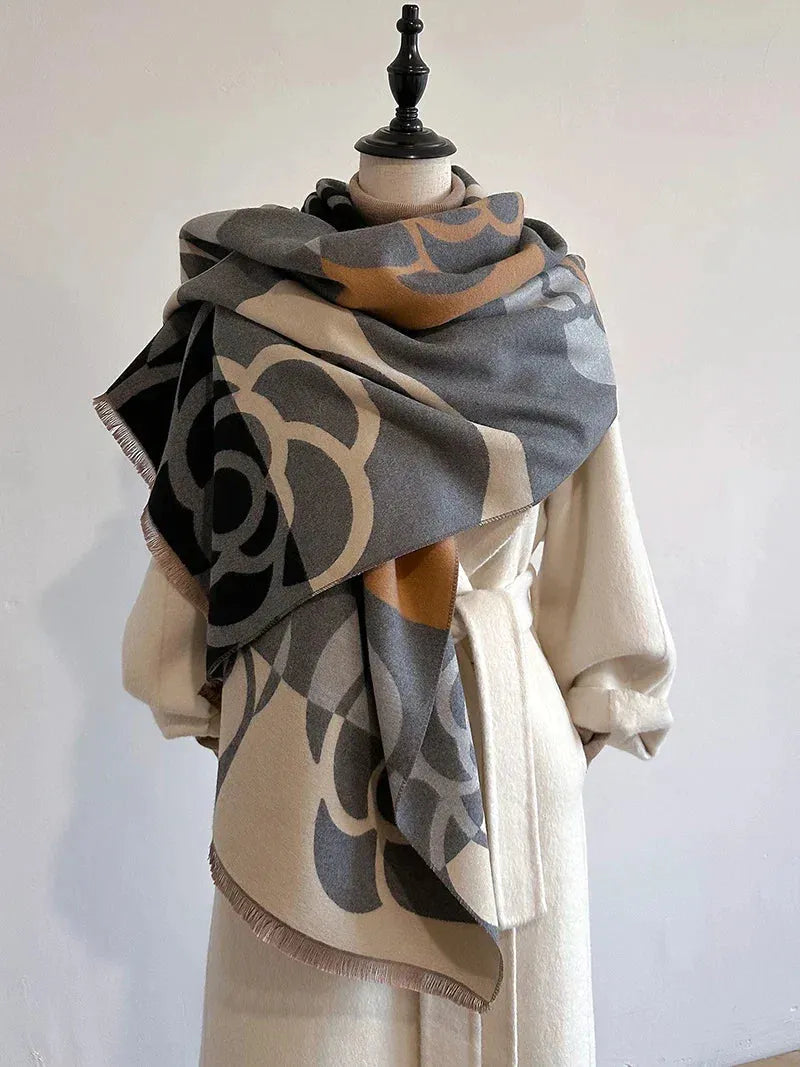 Écharpe réversible en cachemire à motif floral 185x65cm Accessoire d'hiver Wrap élégant Châle enveloppant luxueux pour femme et homme | Sansoti