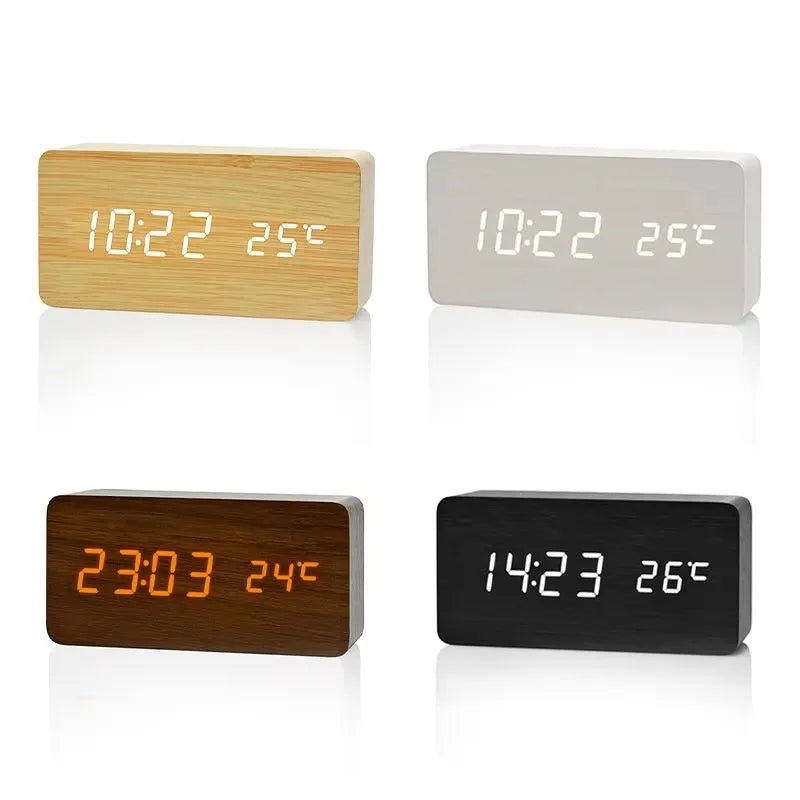 Réveil Digital Aspect Bois LED Bambou Noir Marron Température USB Chambre Bureau 3 Alarmes Luminosité Réglable 12/24h Horloge de Table | Restfield