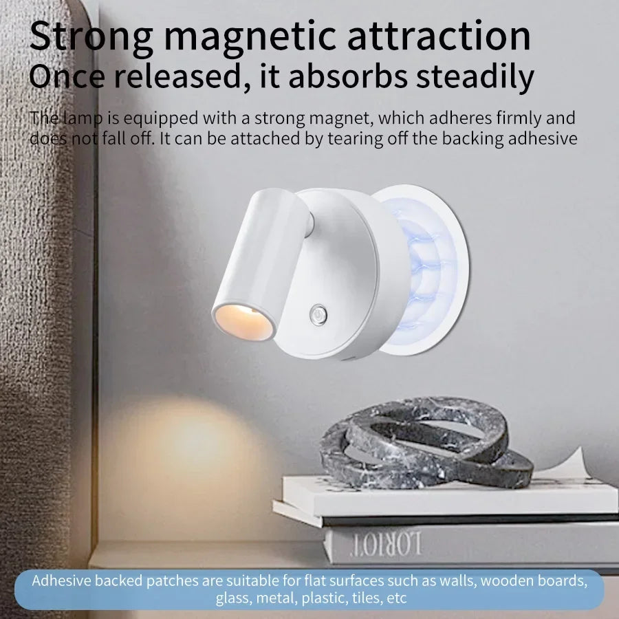 Wireless Rechargeable LED Wall Spot, Dimmable, 360° Rotatable, Magnetic, Touch Control, Reading Light, Black White | Sansoti