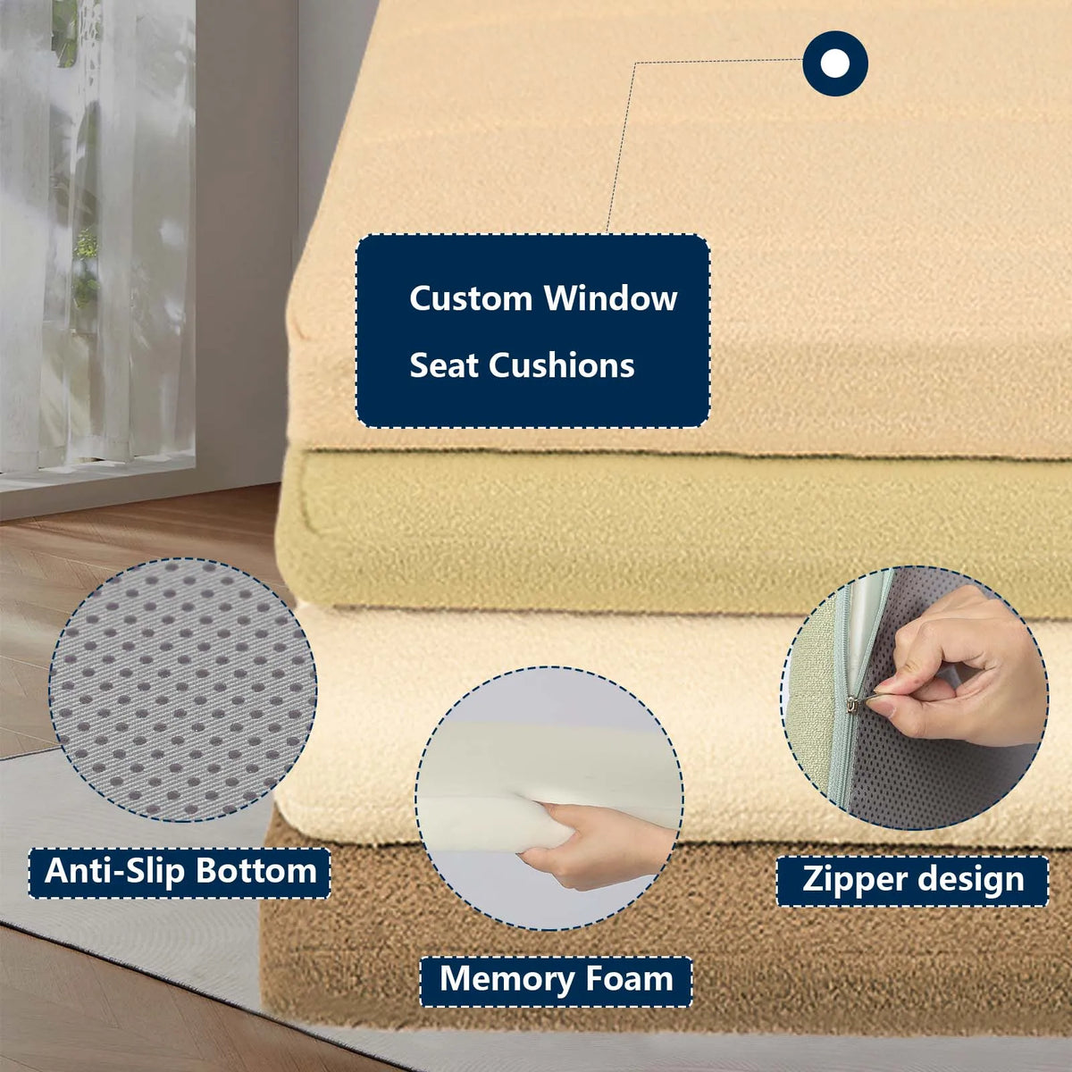 Cojín de asiento para sofá de terciopelo Teddy antideslizante, rectangular, marrón, gris y verde, para sofá, mirador, balcón y zona lounge | Sansoti