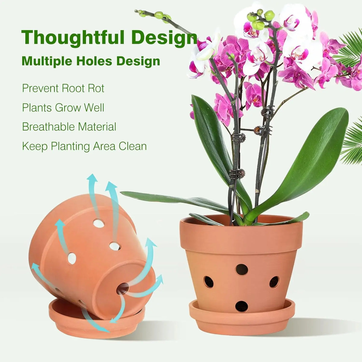Lot de 6 pots à orchidées en terre cuite de 10 cm avec trous de drainage et soucoupes, pots de culture en argile pour fleurs d’intérieur | Sansoti