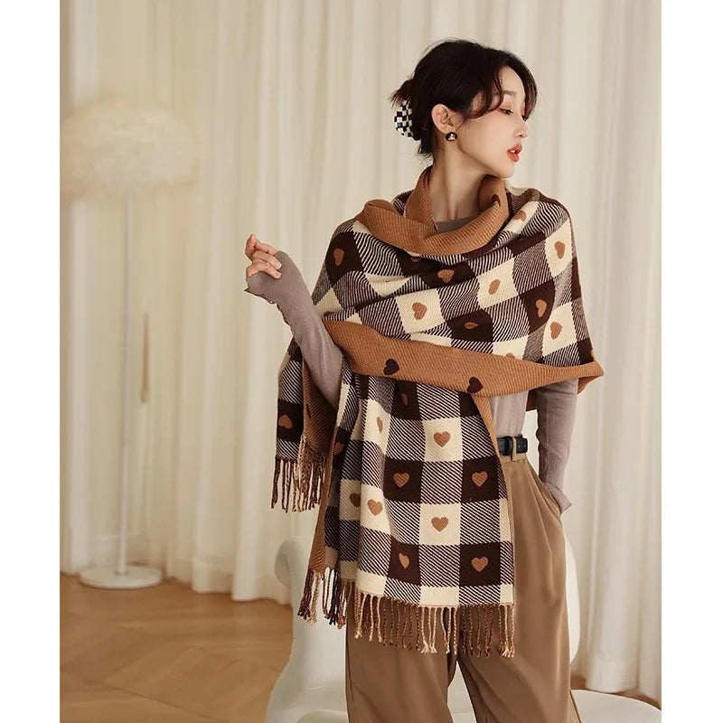 Plaid Blanket Scarf Heart-Shaped Polyester Women's Winter Warm Large Size Comfortable Fashion Wrap Accessory | Sansoti