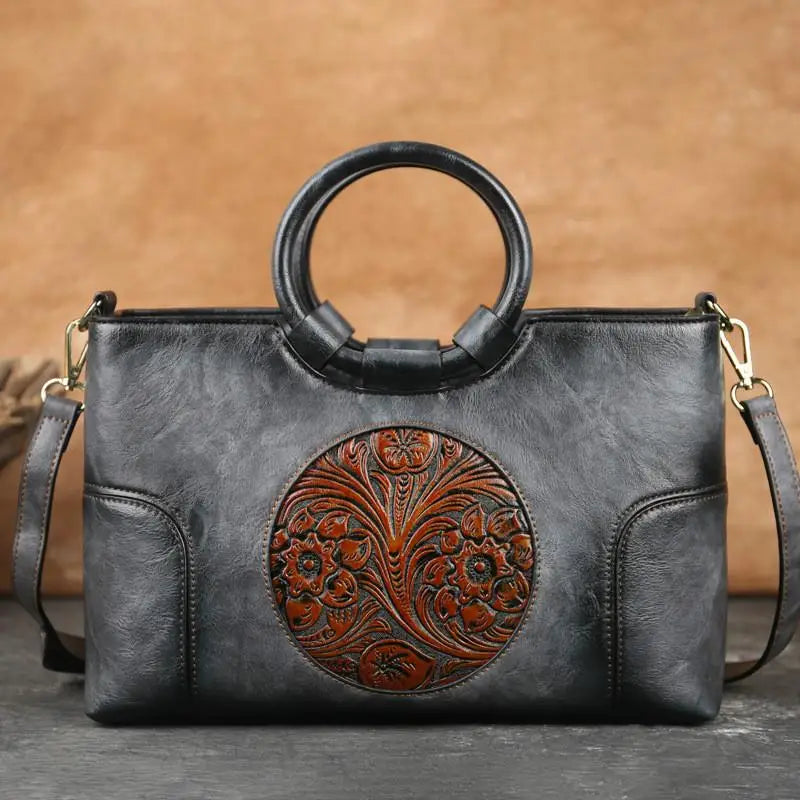Handgemaakte Leren Damestas met Vintage Reliëfpatroon Schoudertas Elegante Dagtas Retro Design Stijlvol | Sansoti