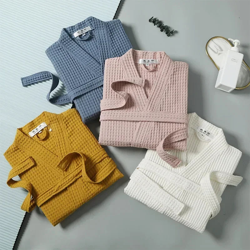 Peignoir en coton gaufré Printemps Été Léger à manches longues pour femme et homme, Spa Hôtel Sauna Bien-être | Sansoti