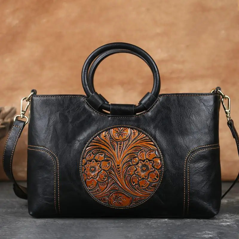 Handgemaakte Leren Damestas met Vintage Reliëfpatroon Schoudertas Elegante Dagtas Retro Design Stijlvol | Sansoti