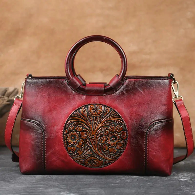 Handgemaakte Leren Damestas met Vintage Reliëfpatroon Schoudertas Elegante Dagtas Retro Design Stijlvol | Sansoti
